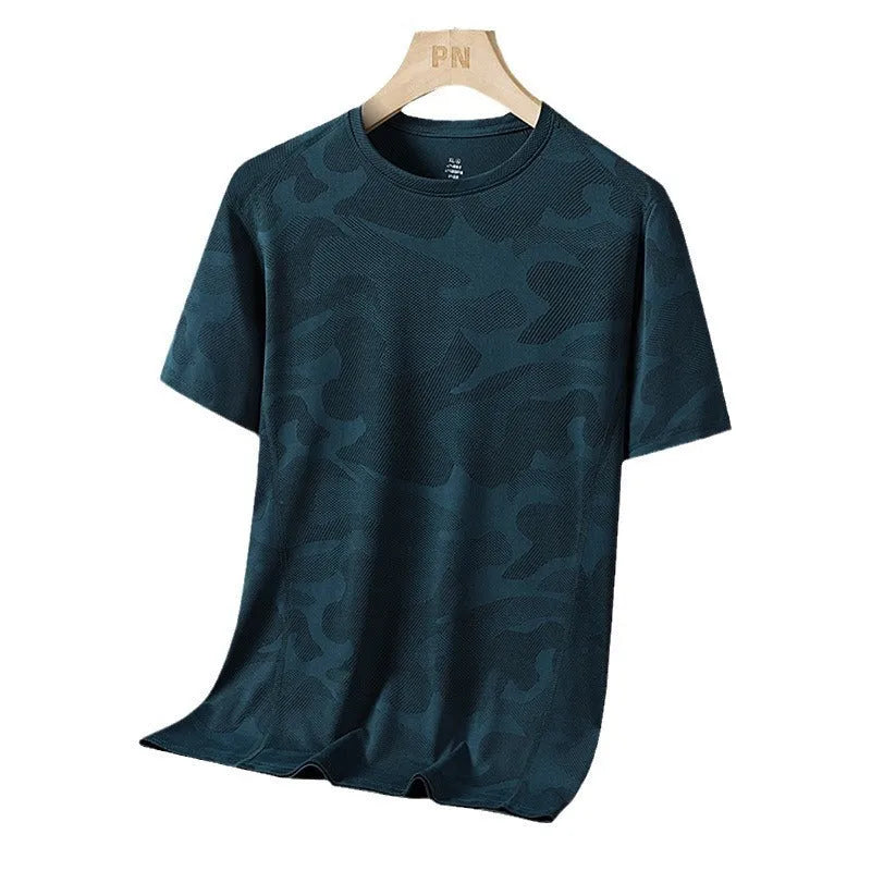 Men's plus size camouflage pattern nylon summer t-shirt with short sleeves and round neck