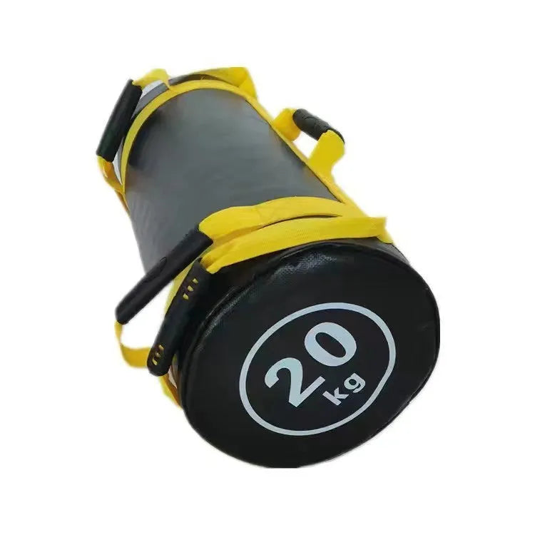 White PVC fitness training sandbag for weight lifting and gym exercises.