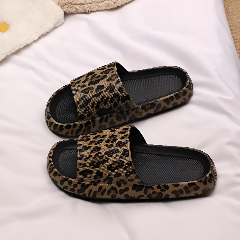 Women's leopard print slippers with thick EVA sole in Korean style, showing colour options.