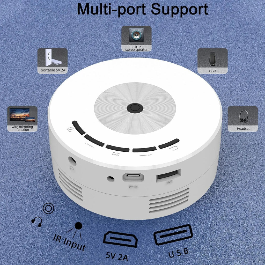 Household portable small wired mobile phone projector in white, 100mm by 47mm