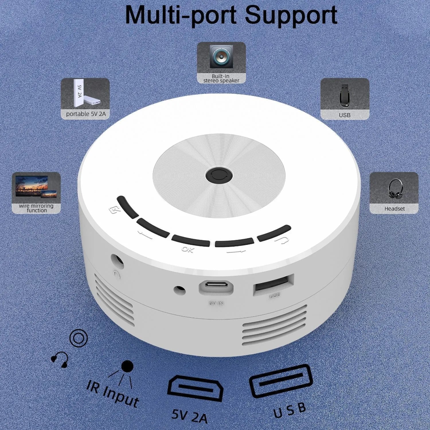 Household portable small wired mobile phone projector in white, 100mm by 47mm