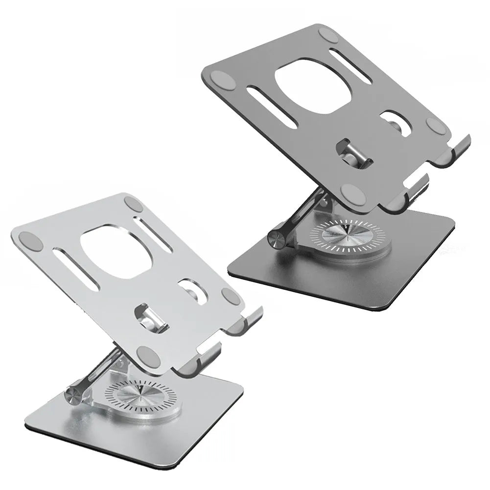 Rotating tablet stand in silver colour showing height adjustment and aluminium panel for device support
