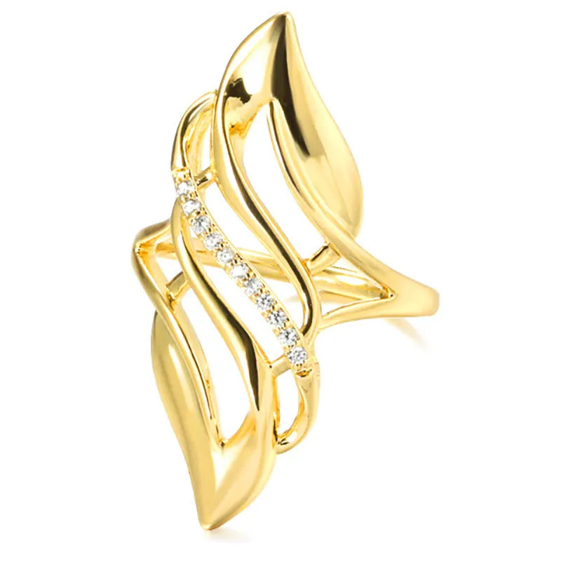 Women's copper ring with exaggerated curved design and zircon stone accents in gold colour