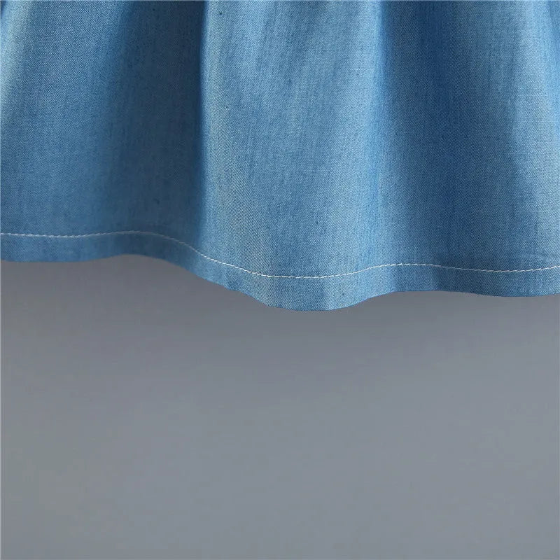 Summer solid colour blue cotton dress with rabbit ears and denim fake two-piece design for girls, front view