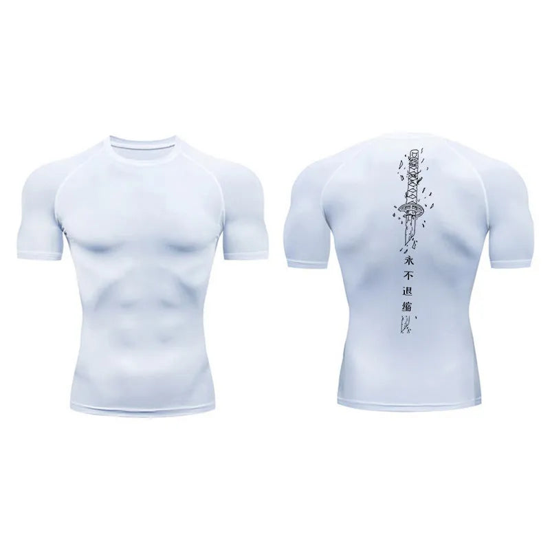 Men's loose short sleeve compression shirt with sword print design in multiple colour options