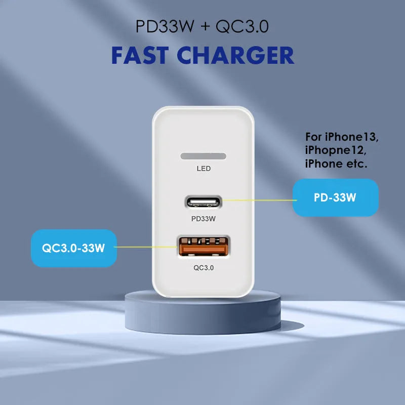 PD48W travel charger with British three-pin plug in black and white options showing compact dimensions