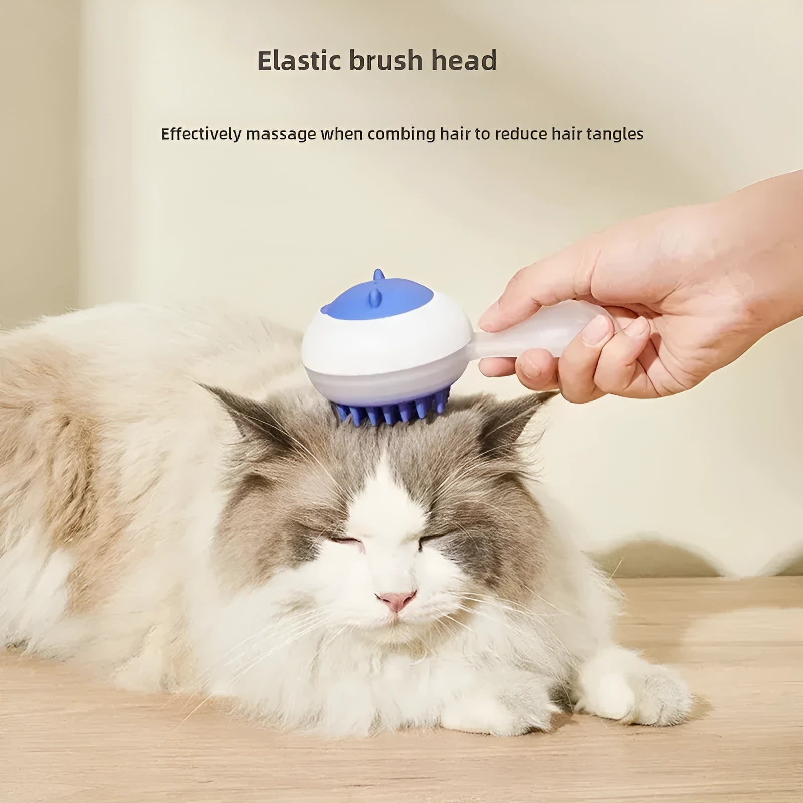 Automatic pet grooming brush with soft gel bristles in blue and orange colours