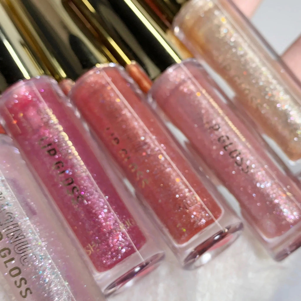 Shanuo moisturising lip gloss with water light mirror finish showing five colour options