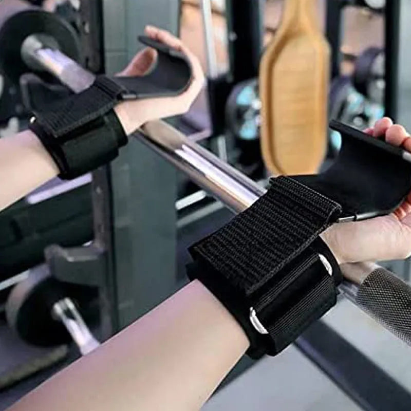 Black fitness wrist brace pair with metal hook for pull-up bar attachment