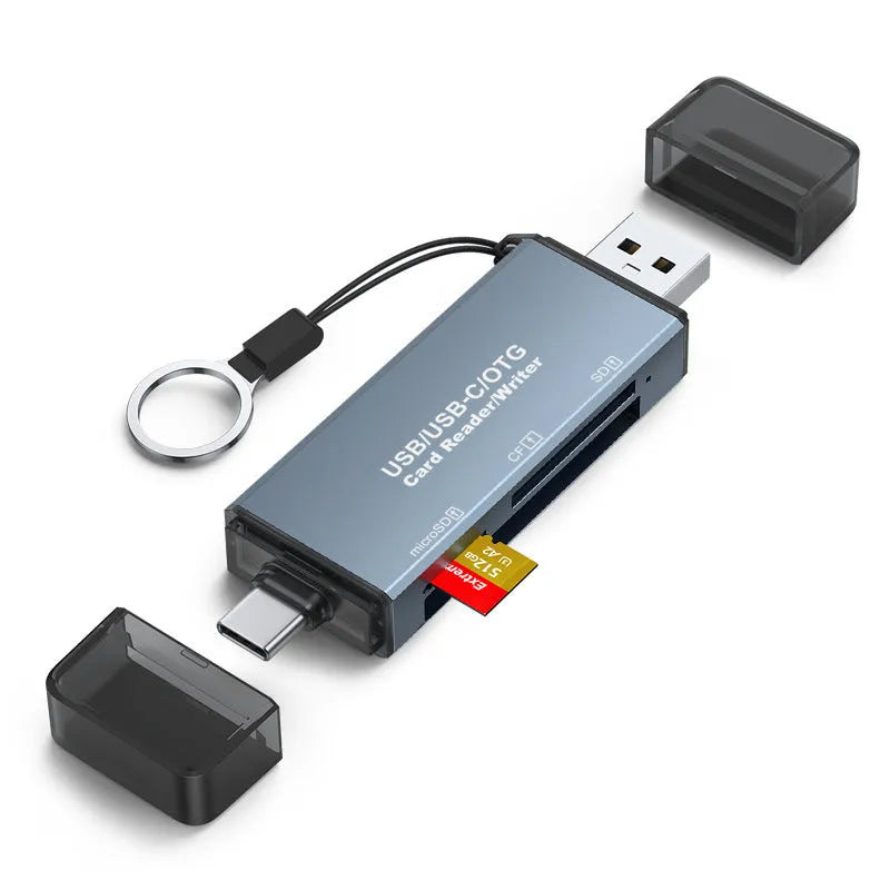 CF SD TF three-in-one aluminium alloy USB card reader shown with dimensions