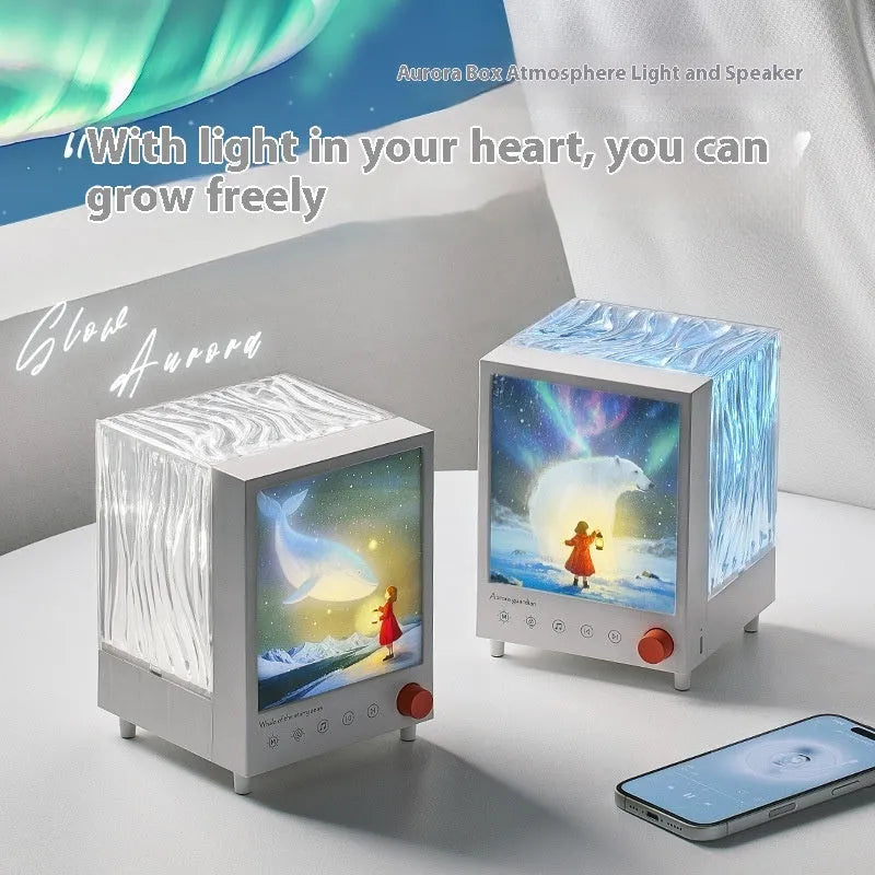 Aurora Treasure Box compact projection lamp showing Star Sea Whale light effect.