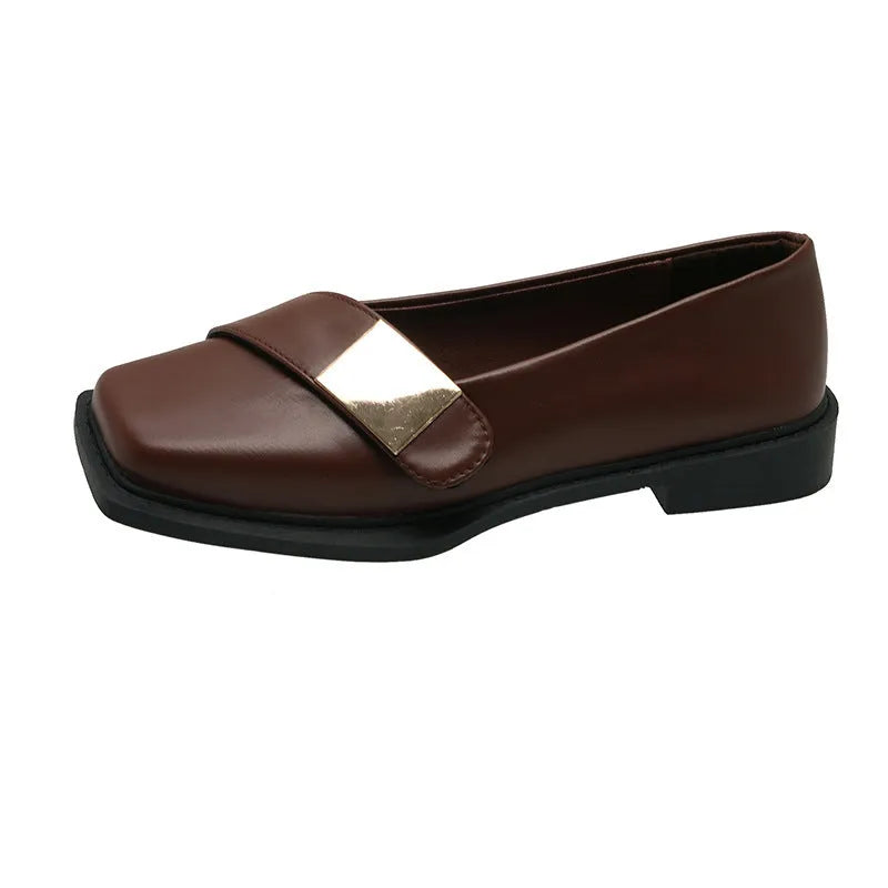 Women's beige artificial leather flat-heeled shoes with square toe and silver metal buckle.