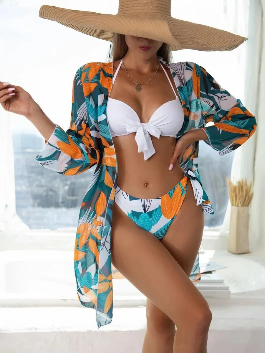 Women's three-piece mesh split bikini swimsuit set in quick-dry polyester fabric.