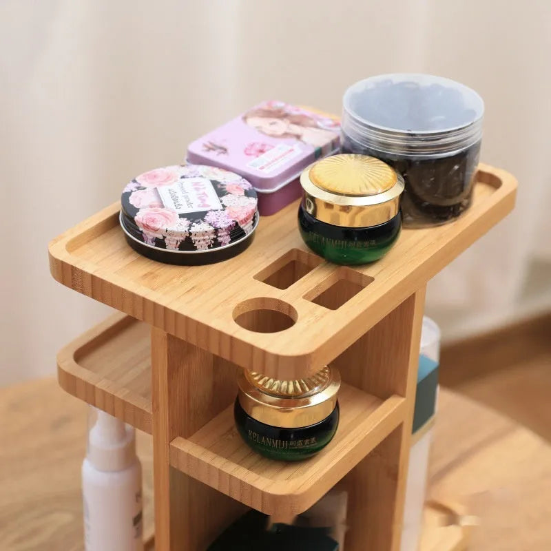 Bamboo multi-layer rotary storage rack with 18 litre capacity for cosmetics organisation