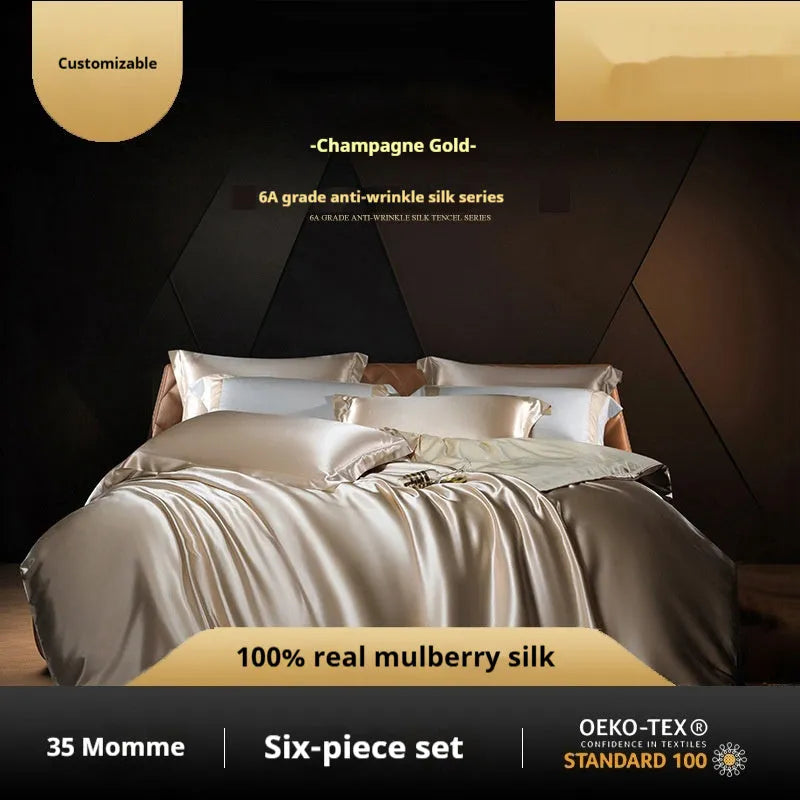 Silk solid colour four-piece quilt cover set shown in Champagne Gold on a bed