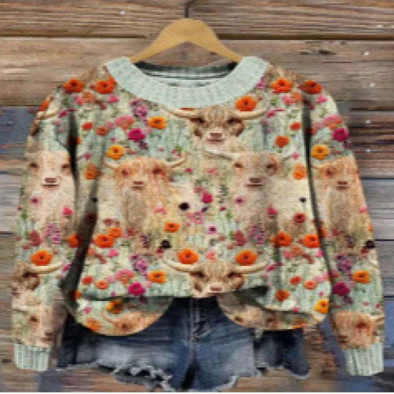 Little Flower digital printed round neck sweater in a floral pattern, available in multiple colours.