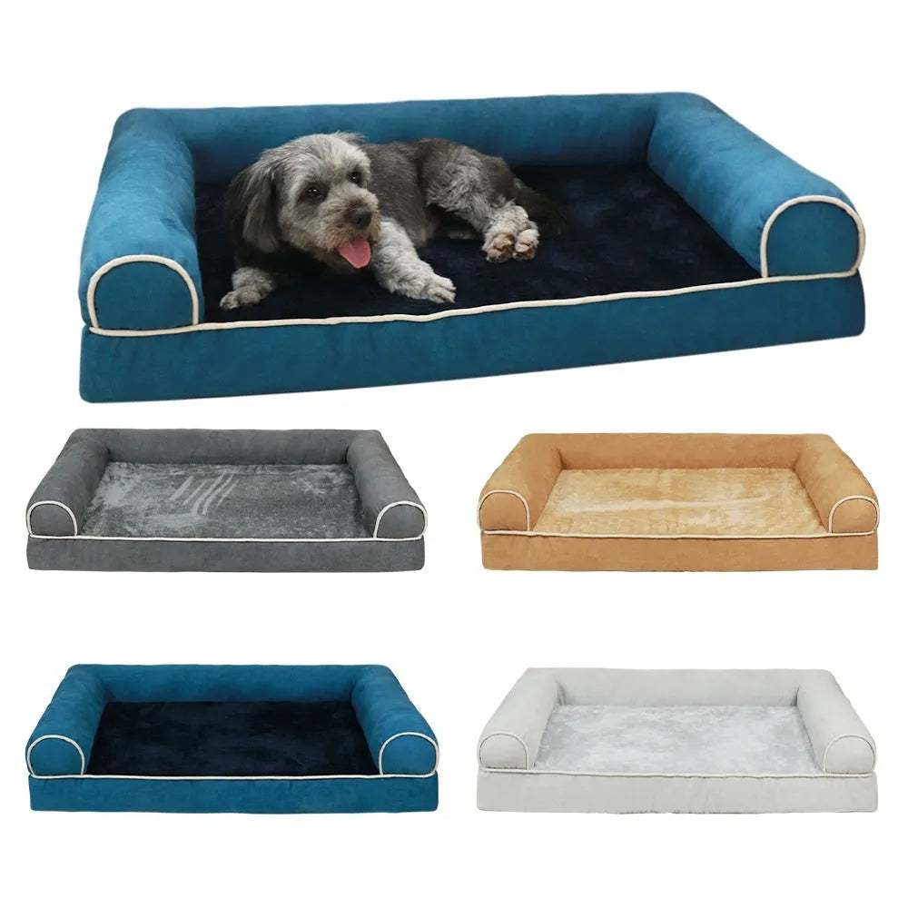 Square blue cloth dog bed with sponge filling on a wooden floor.