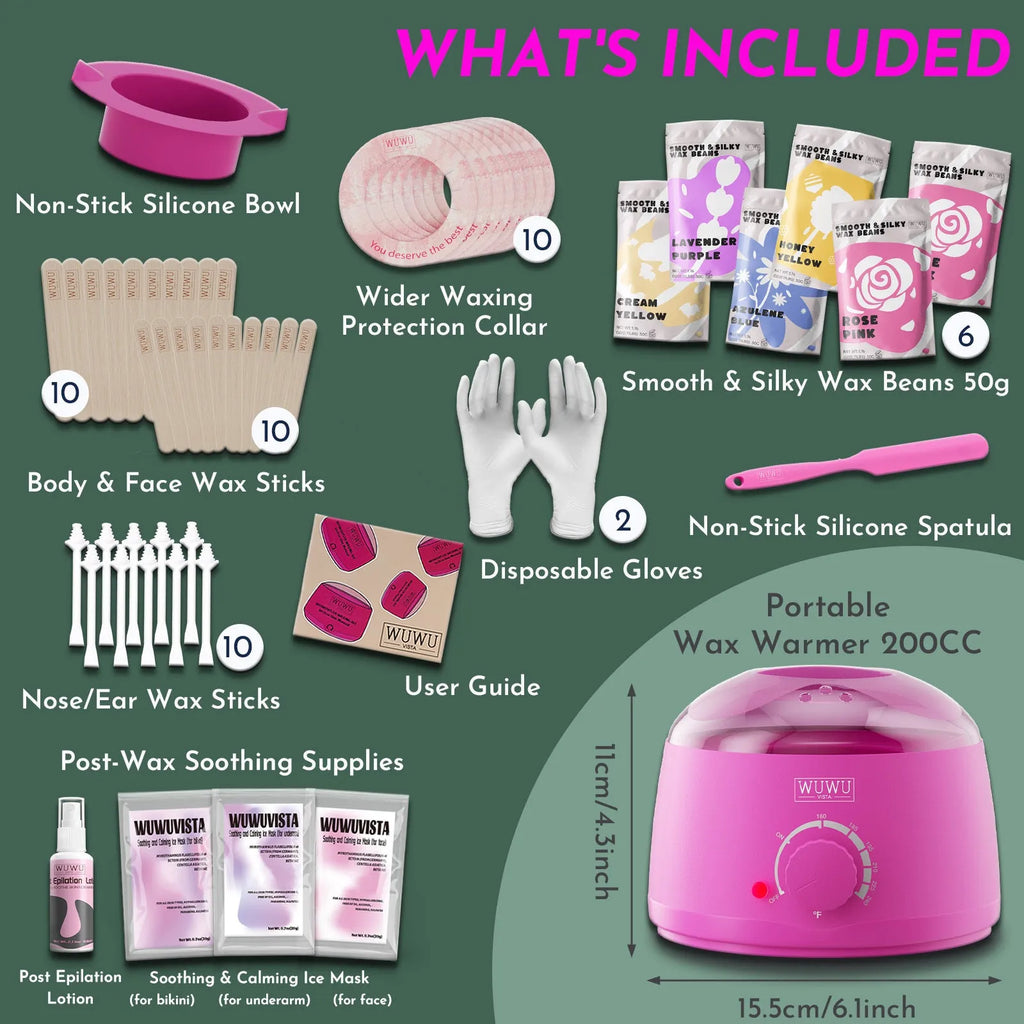 WUWUVISTA 56-piece professional waxing kit with warmer, wax beads, silicone tools, and aftercare products