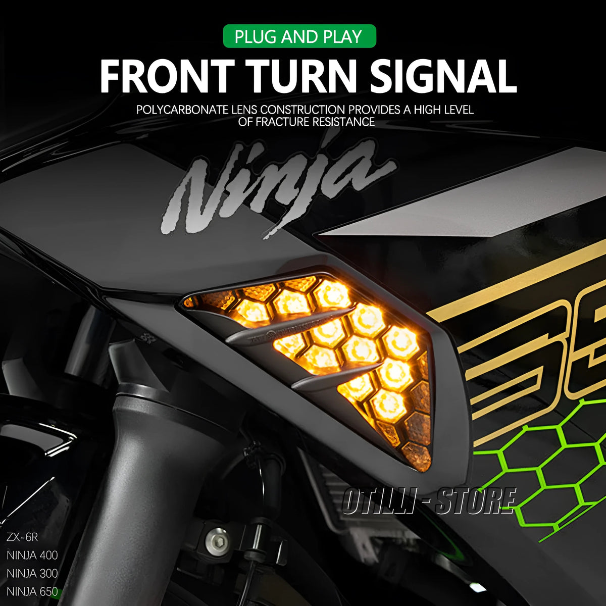 Black Kawasaki Ninja LED turn signal set with hexagonal lens and OEM style plug and play connector
