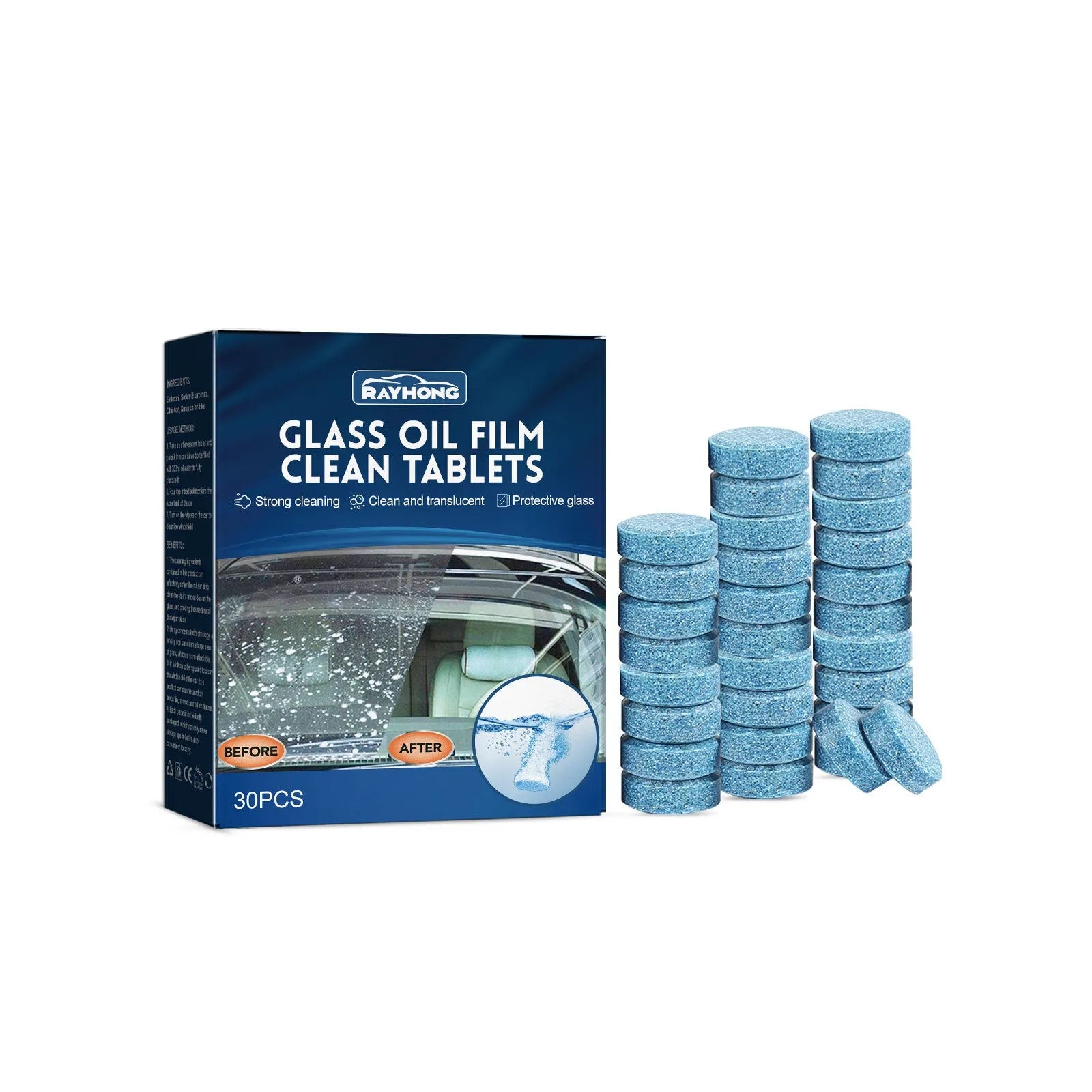 Box of thirty car oil-removing film cleaning effervescent tablets with surfactant formula