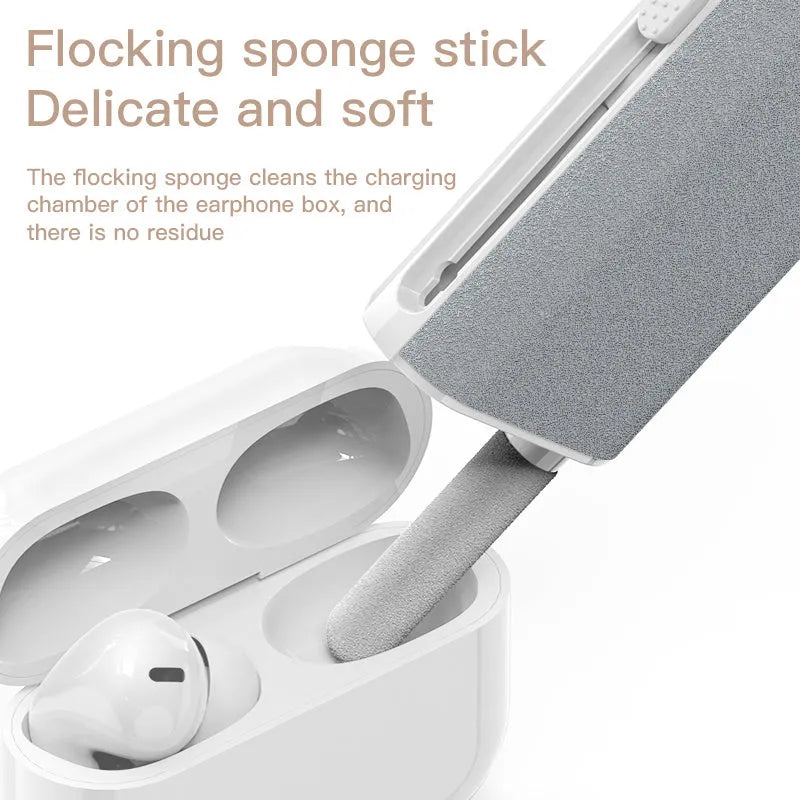 5-in-1 multifunctional screen and earphone cleaning kit with brush, sponge, and metal tip tools.