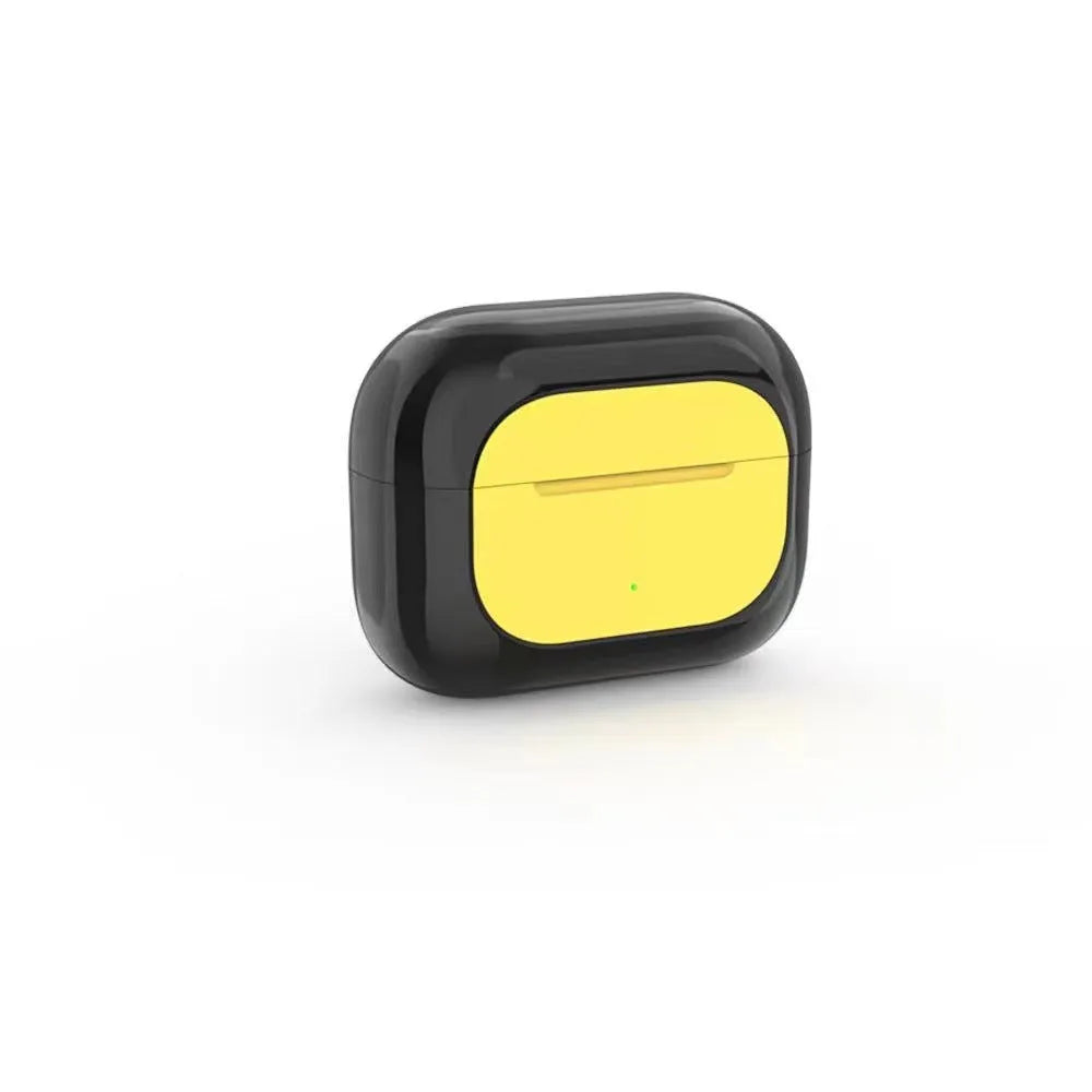Cartoon wireless earbud headphones in black, white, and yellow colour options