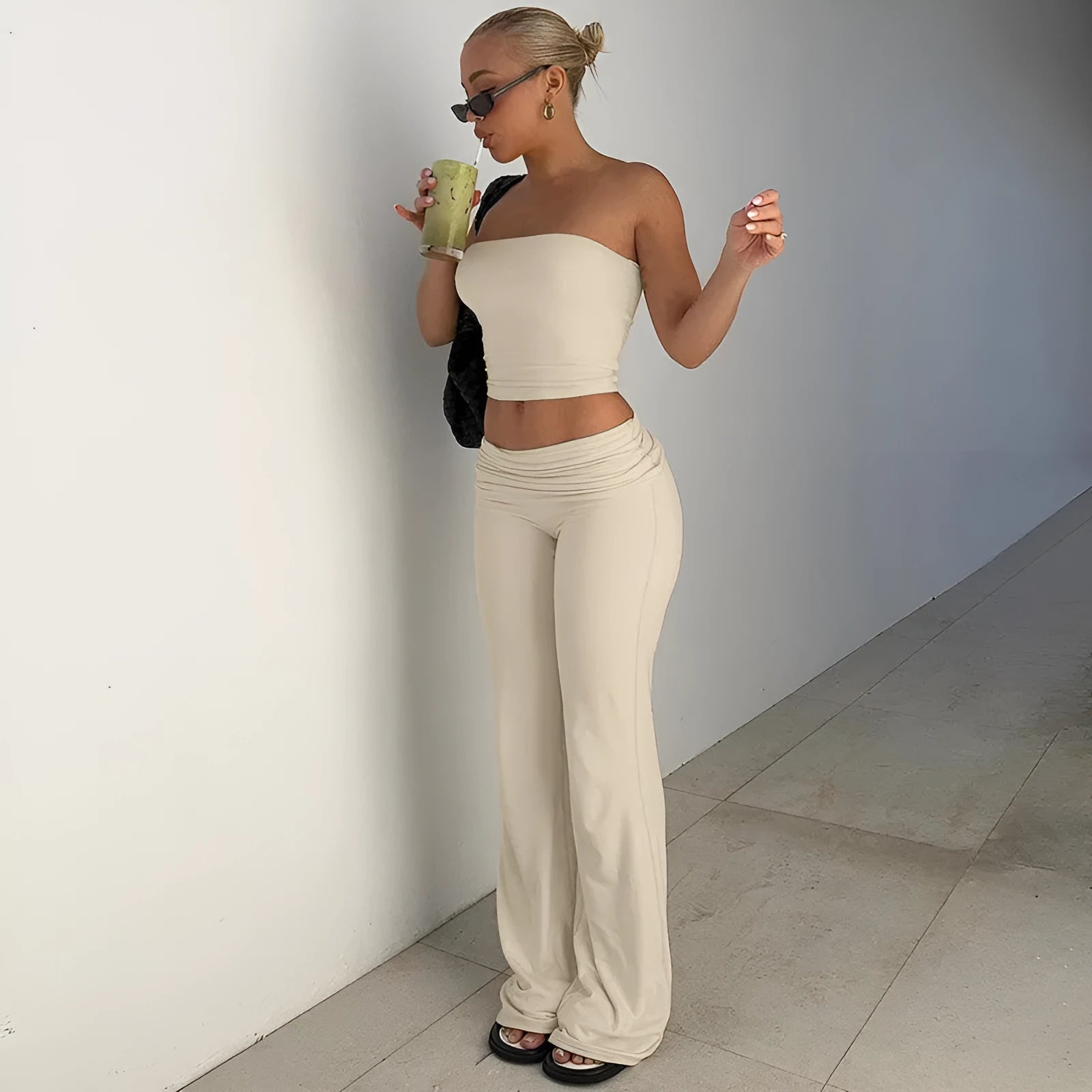 Women's tube top and flared pants suit in milk silk fabric, apricot colour, high elasticity, street fashion style