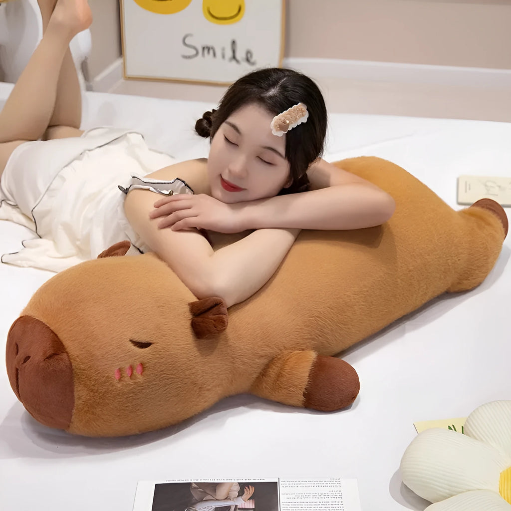 Brown lying-style capybara plush toy in 60cm, 80cm, and 1m sizes with short plush and PP cotton filling