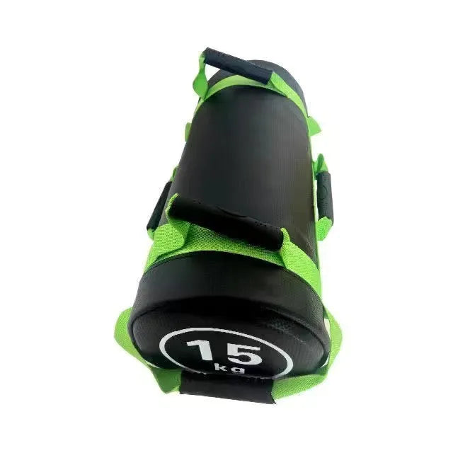 White PVC fitness training sandbag for weight lifting and gym exercises.