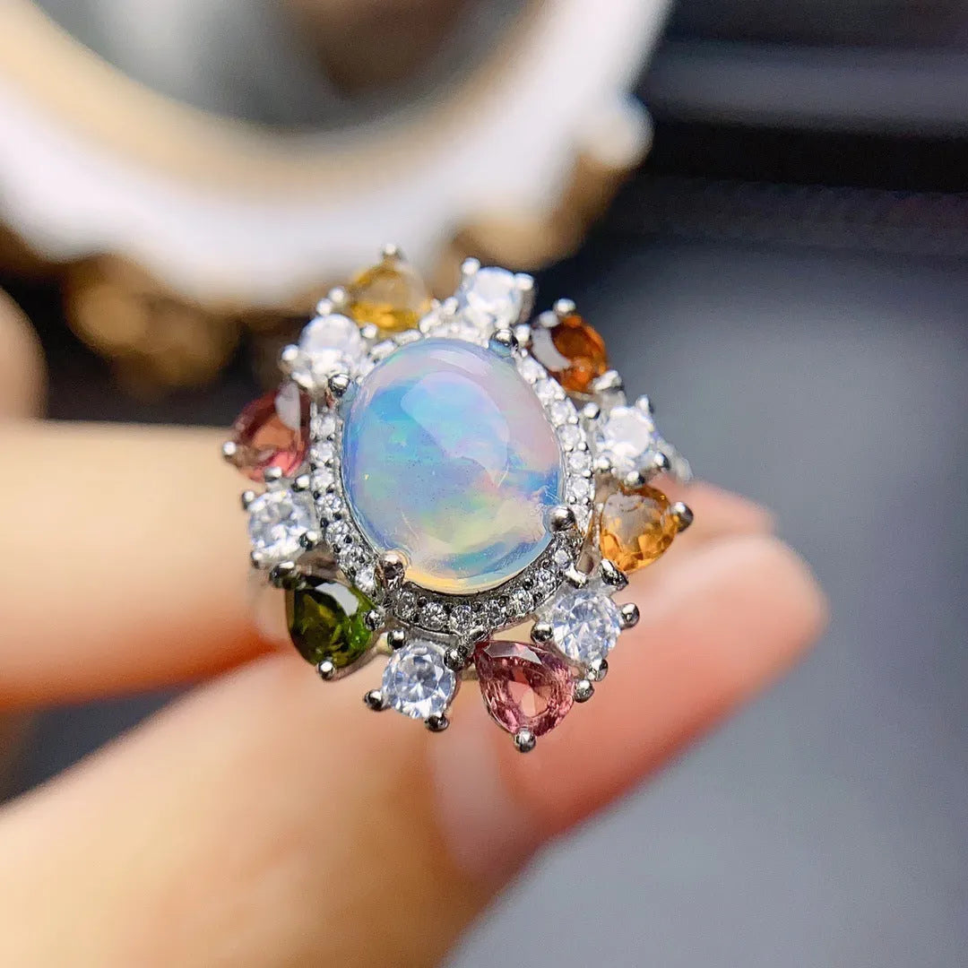 S925 silver opal ring with adjustable open band, women's coloured gemstone design