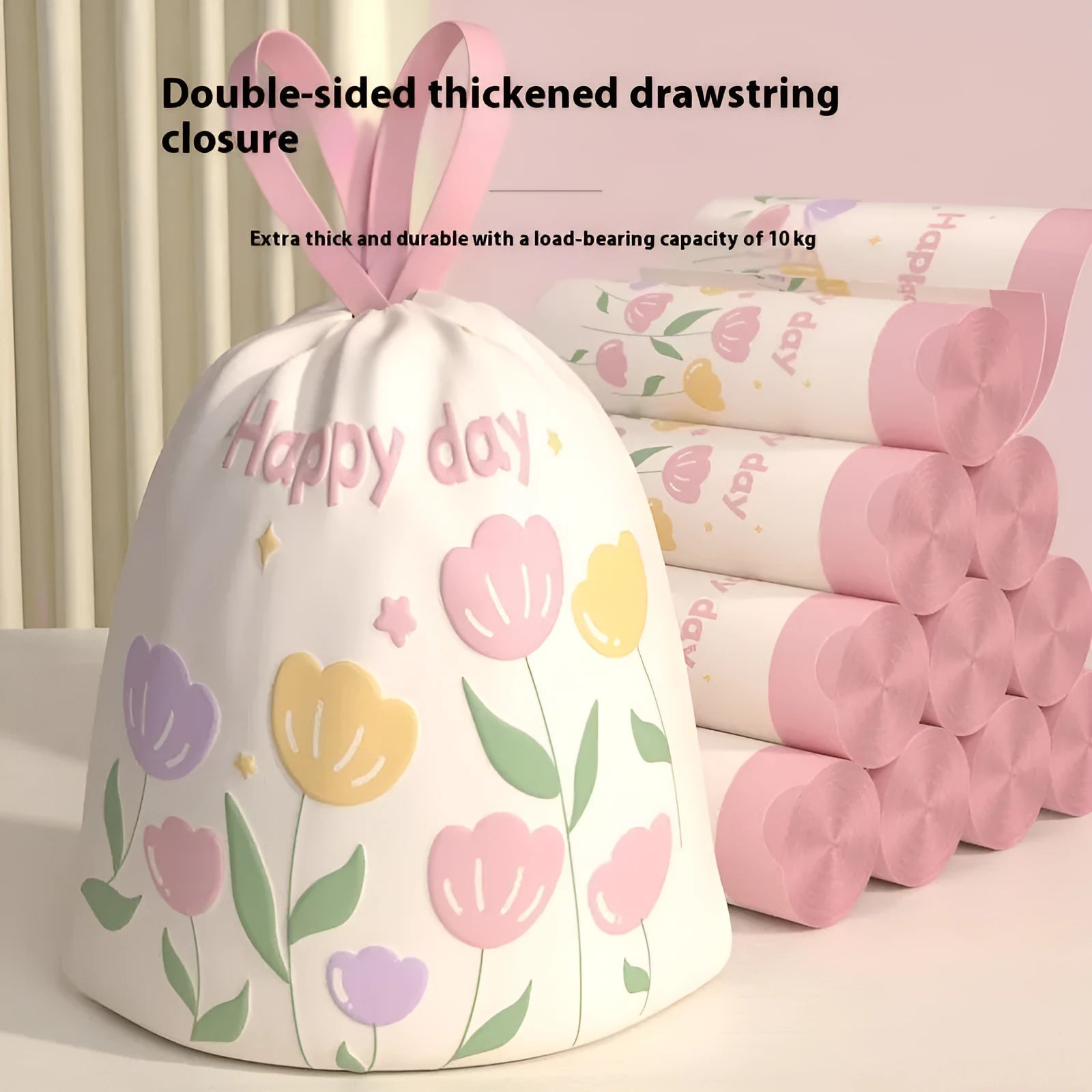 Pink degradable drawstring garbage bag with argy wormwood mosquito repellent, dimensions 44cm by 48cm.