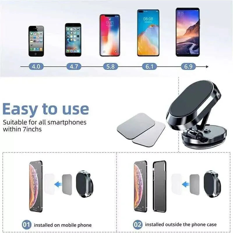 Stainless steel magnetic car phone holder with foldable bracket and 360-degree rotation