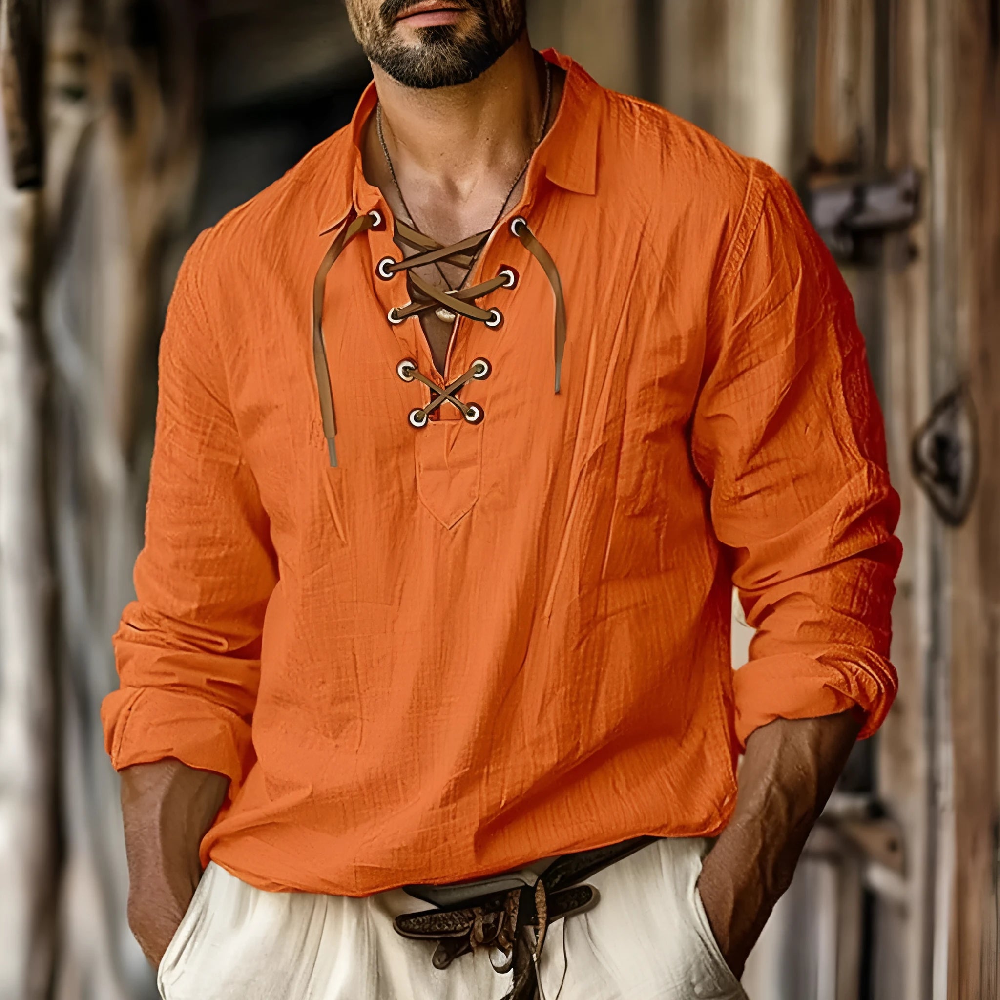 Men's plus size loose fit linen shirt with lace lapels in blue, green, orange or white