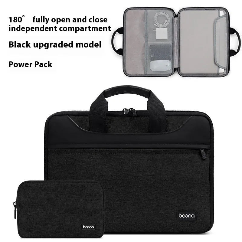 Black Oxford cloth laptop shoulder bag with soft carry handle for business travel.