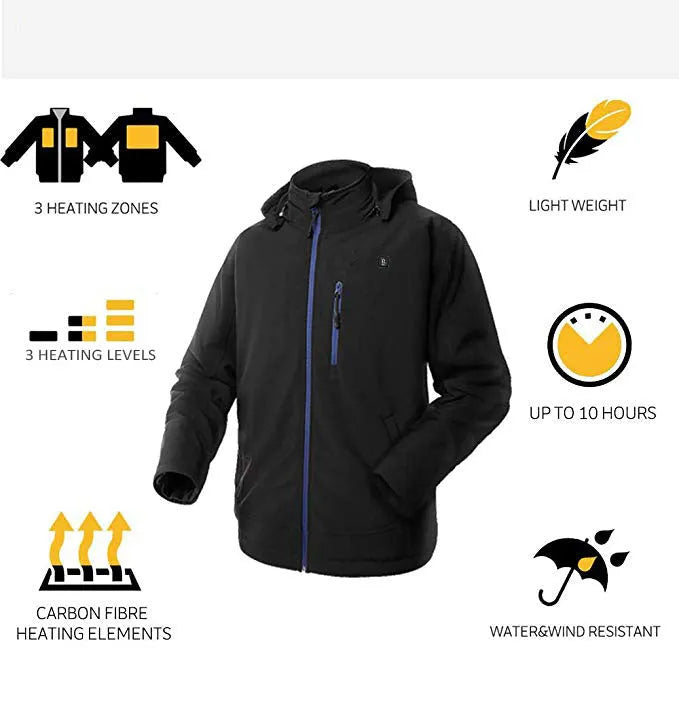 Black men's USB winter waterproof thermal coat with windproof long sleeves and zipper pocket