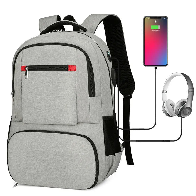 Light grey insulated Oxford cloth backpack with curved shoulder straps and wet-dry separation compartments.
