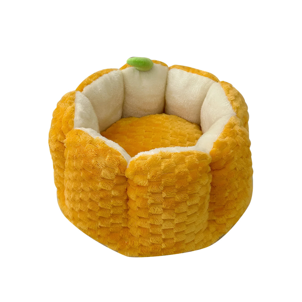 Orange pumpkin-shaped pet bed for cats and small dogs with raised sides and cotton filling