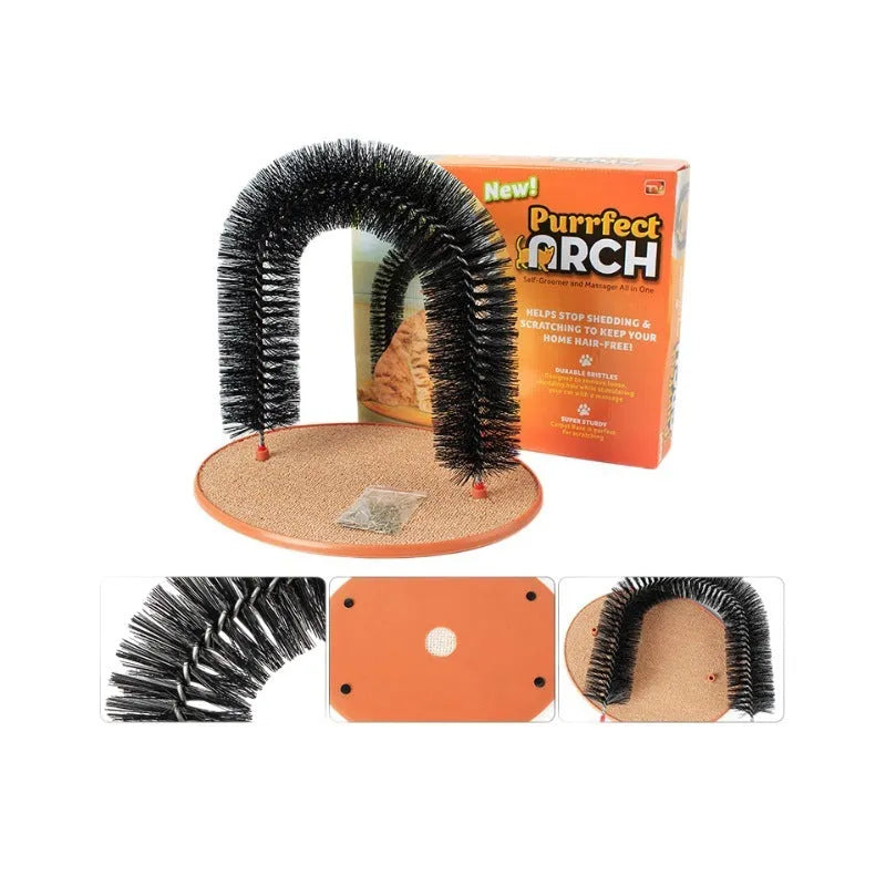 White plastic arched cat grooming toy with integrated brush bristles for scratching and rubbing.