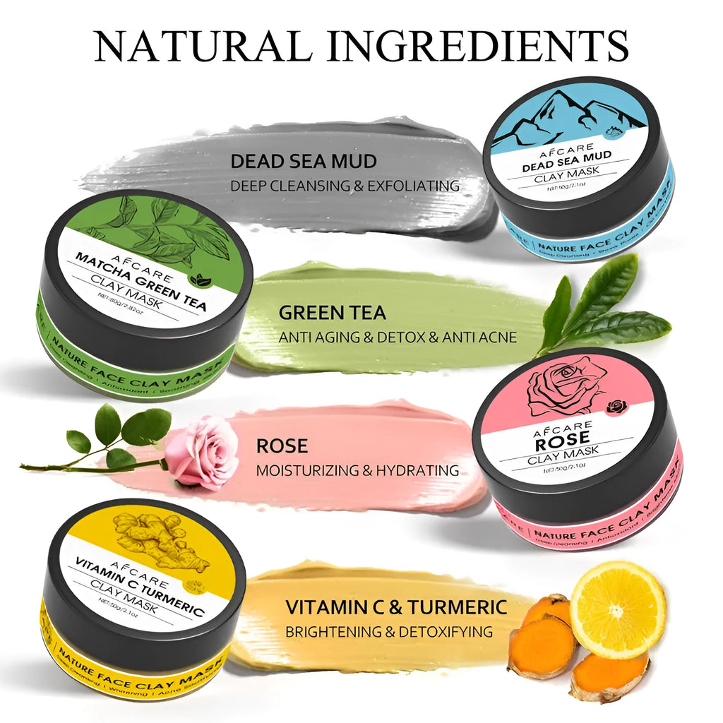 Four jars of clay facial masks: Dead Sea mud, green tea, turmeric, and rose clay in an 80ml 4-pack set.