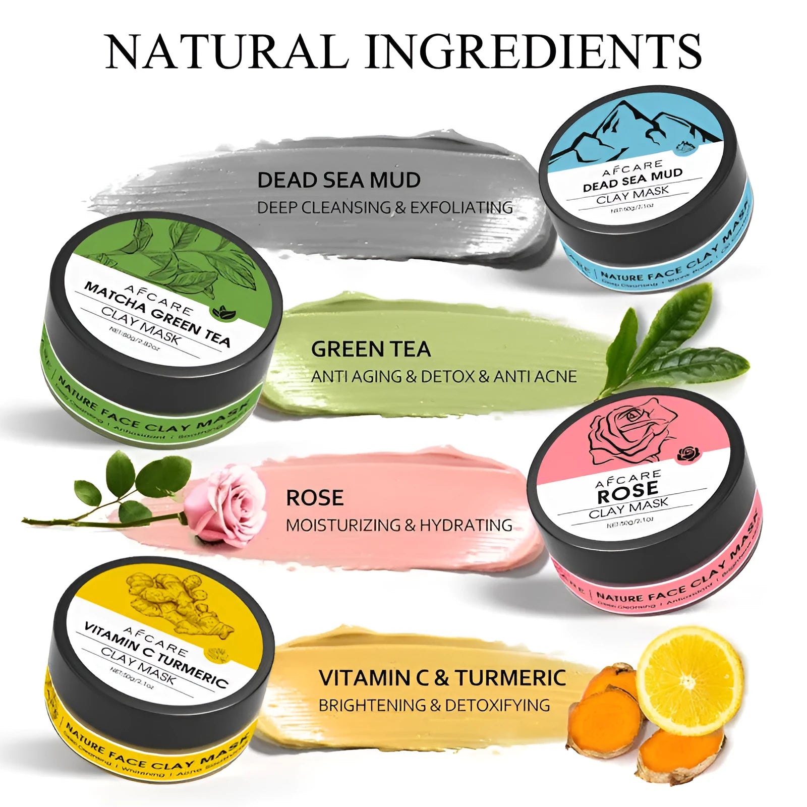 Four jars of clay facial masks: Dead Sea mud, green tea, turmeric, and rose clay in an 80ml 4-pack set.