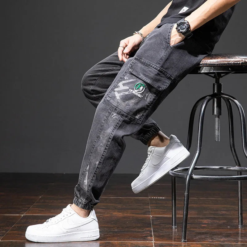 Men's loose cargo jeans in straight leg style with Korean workwear design