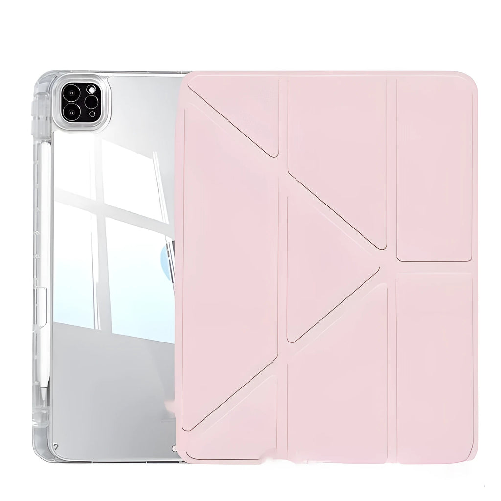 Clear acrylic iPad protective case with a folding stand open, showing colour options.