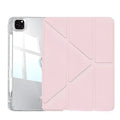 Clear acrylic iPad protective case with a folding stand open, showing colour options.
