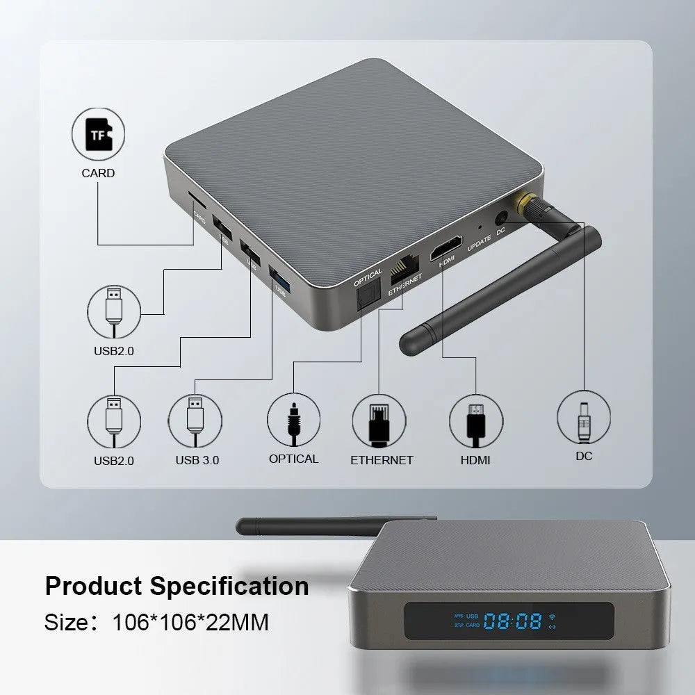 Android set-top box with 8K output showing front panel and connectivity ports