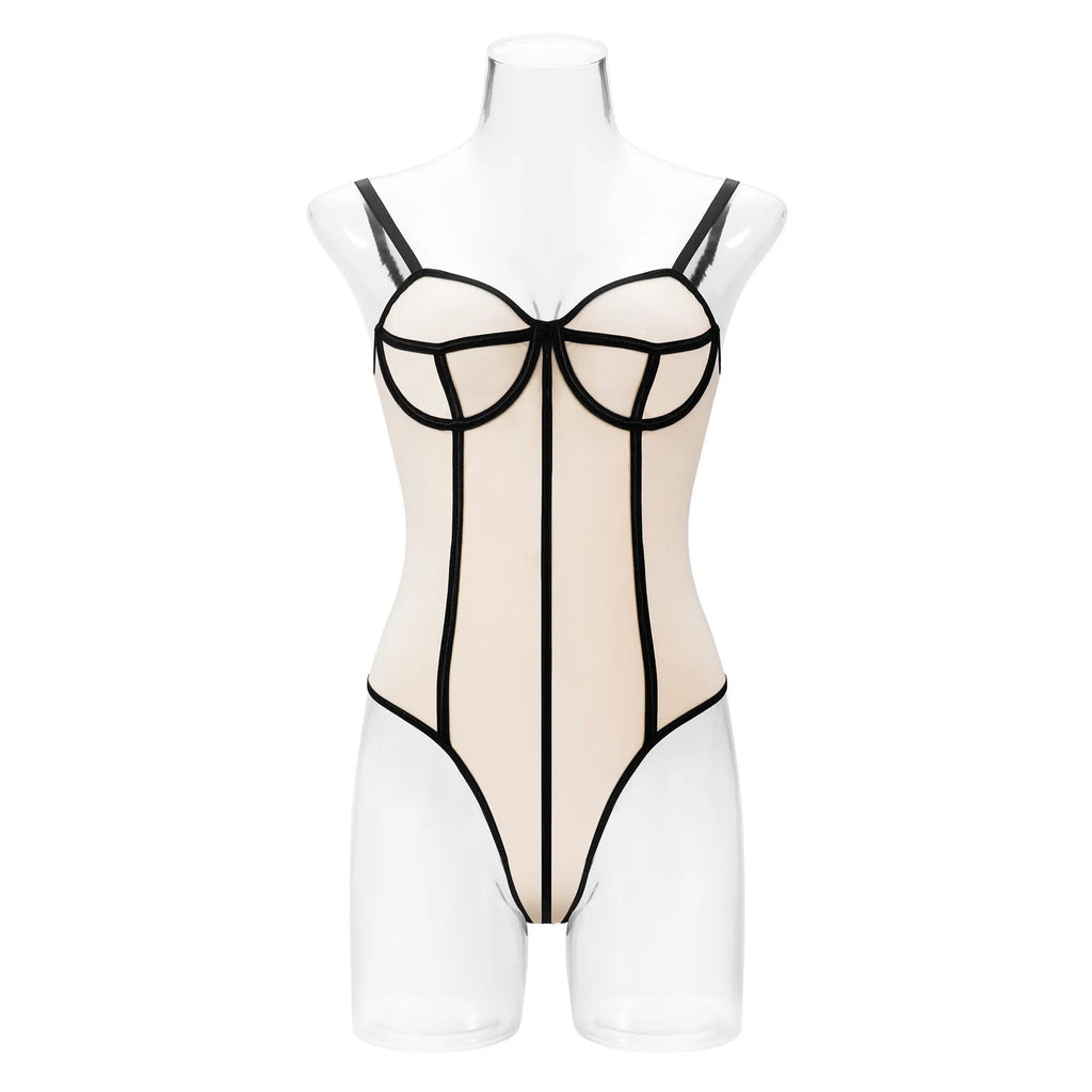 Khaki bodybuilding jumpsuit with sleeveless top, shorts, and hollow-out contrast panels.