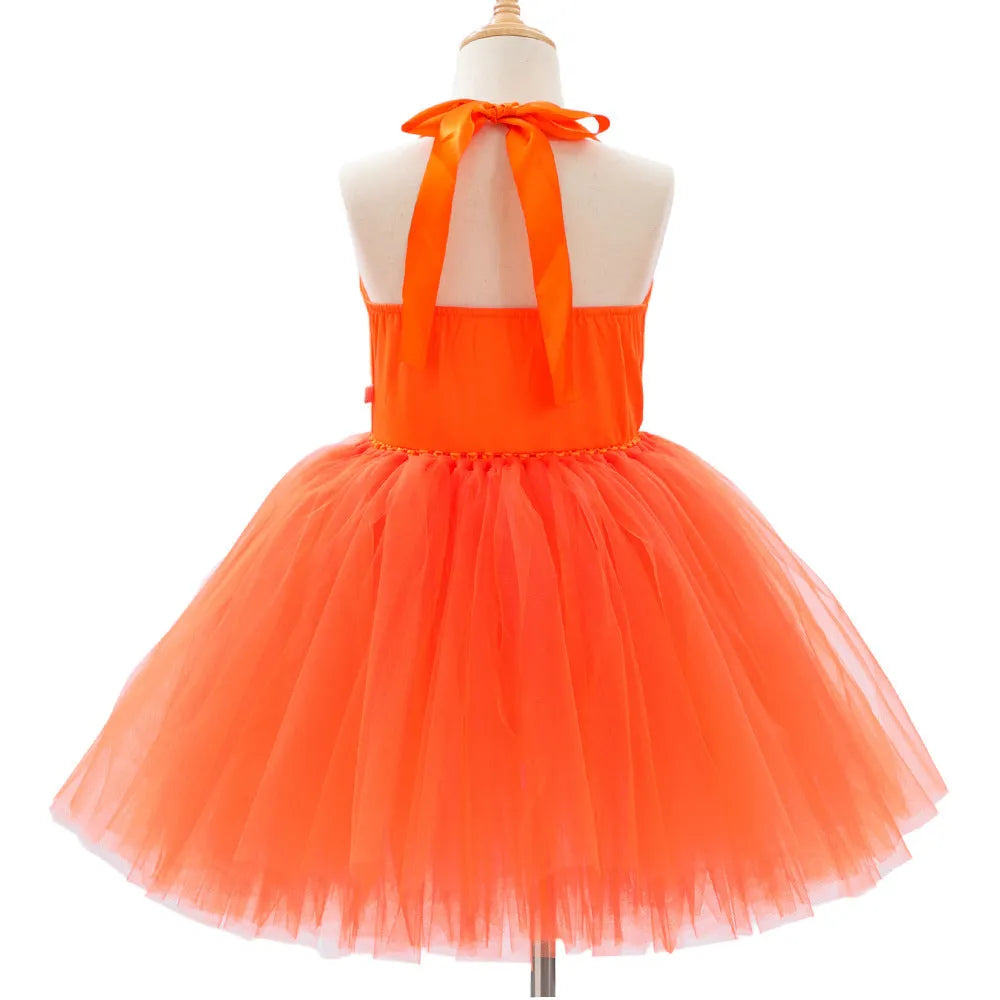 Girls Halloween pumpkin dress in orange yarn mesh, sling style, separate skirt or skirt suit, sizes XS to XXL