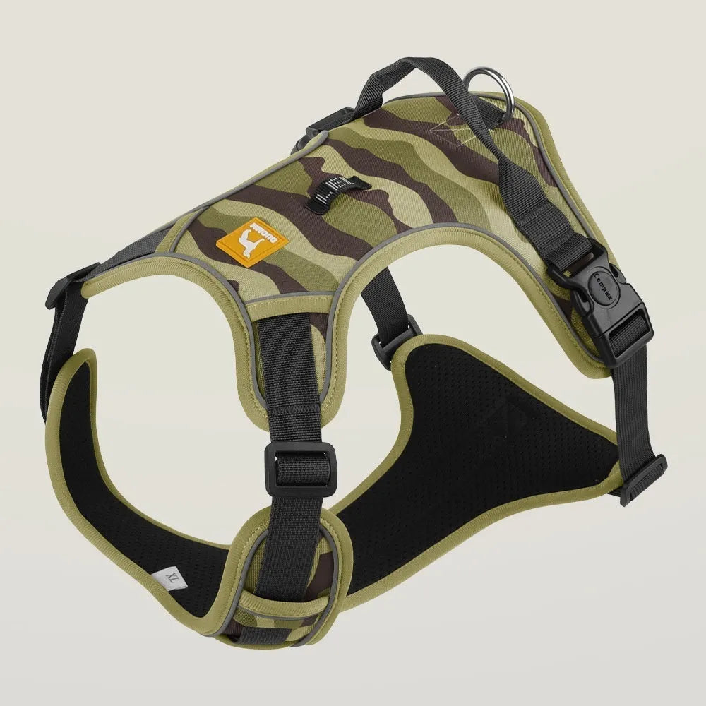 Reflective orange dog harness and leash with hand-holding rope on a chest and back design.
