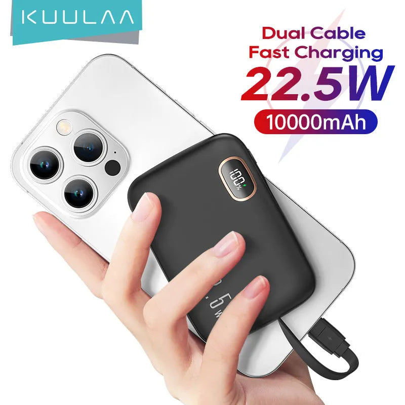 PD22.5W fast charging power bank with digital display and cable, 10000mAh, black plastic shell