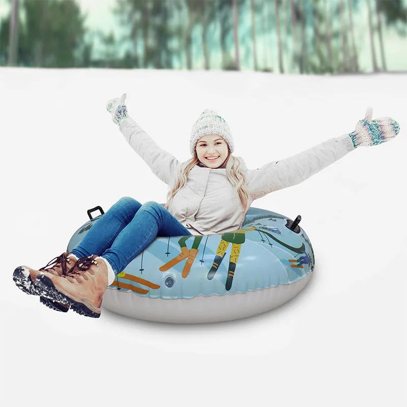 Colourful thick PVC ski ring toy with printed winter design for children's play.