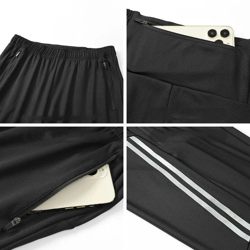 Black and navy blue men's polyester running trousers with mid waist.